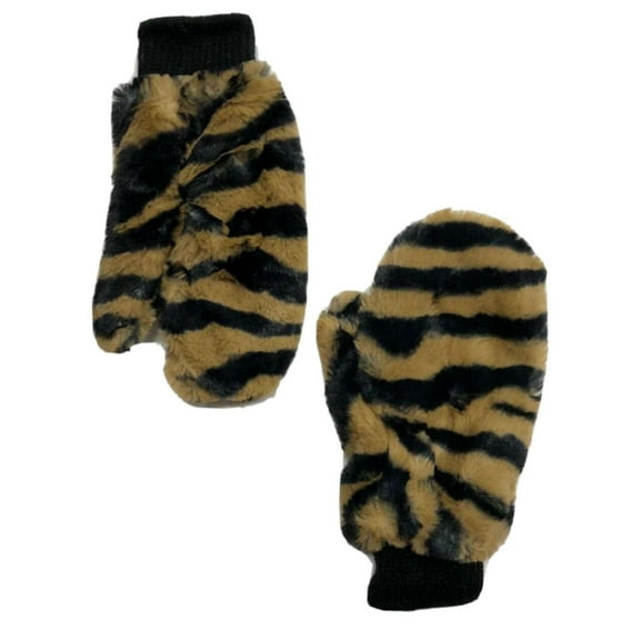 Womens Fuzzy Plush Brown & Black Tiger Stripe Faux Fur Mittens Zebra