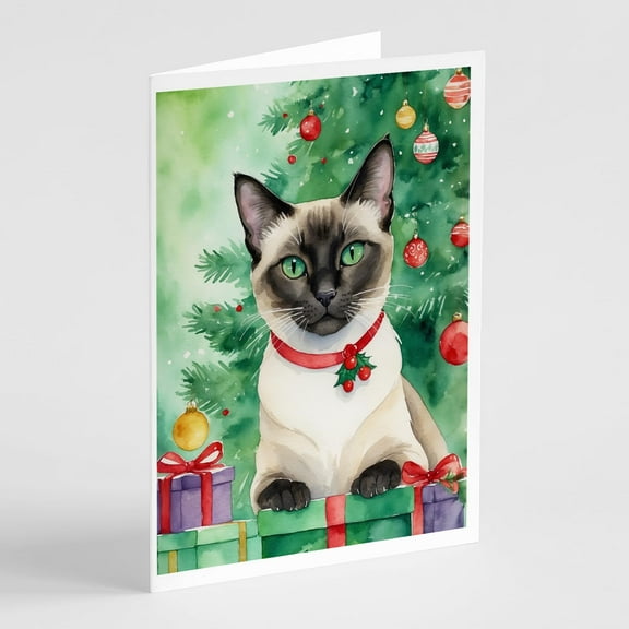 Carolines Treasures DAC7256GCA7P 5 x 7 in. Siamese Cat by the Christmas Tree Greeting Cards - Pack of 8