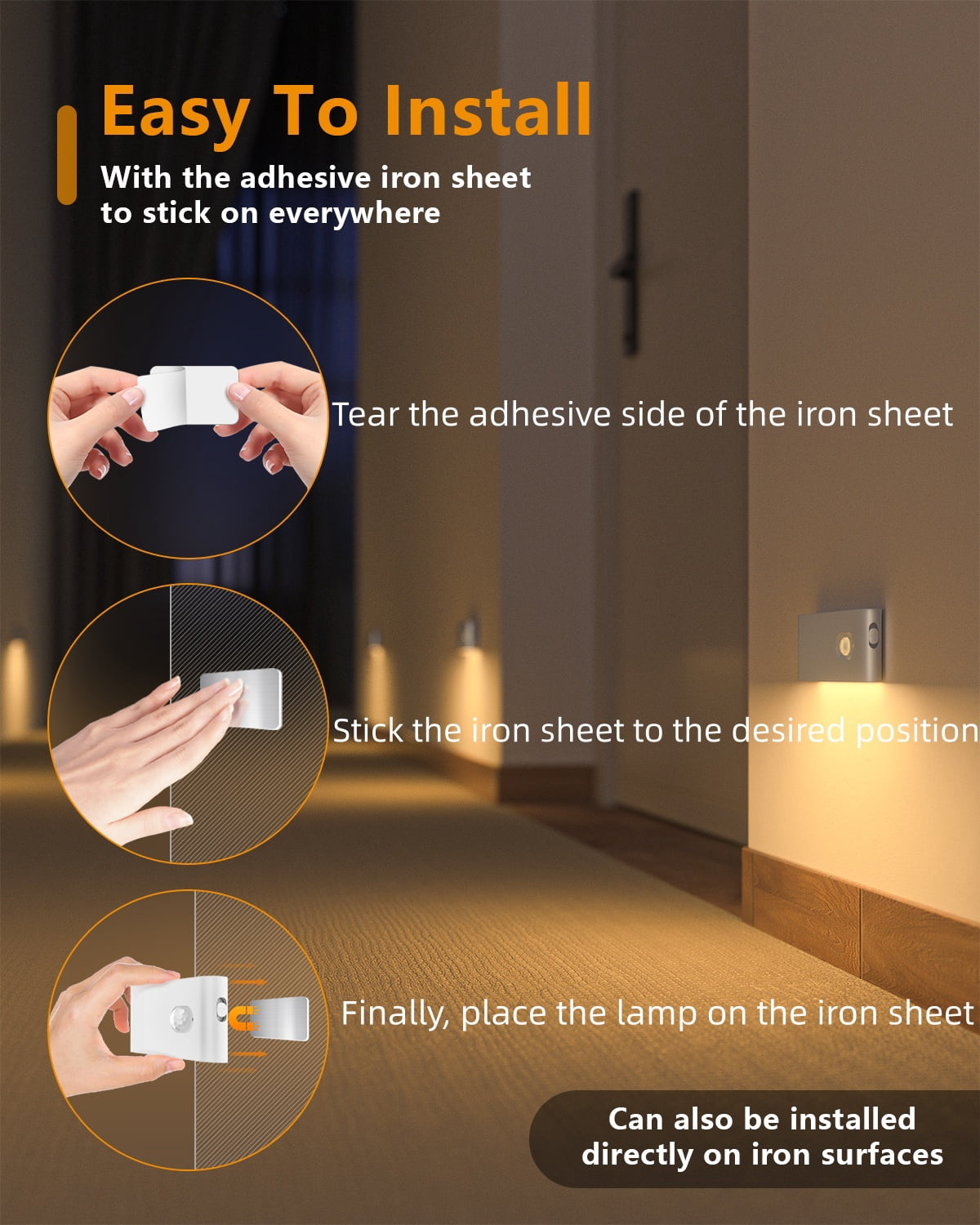 WILLED Rechargeable Motion Sensor Night Lights, Battery Powered LED Stair Lights Indoor, Warm White Motion Activated Stick-On Nightlights for Hallway, Bathroom, Bedroom, Kitchen, 4 Pack
