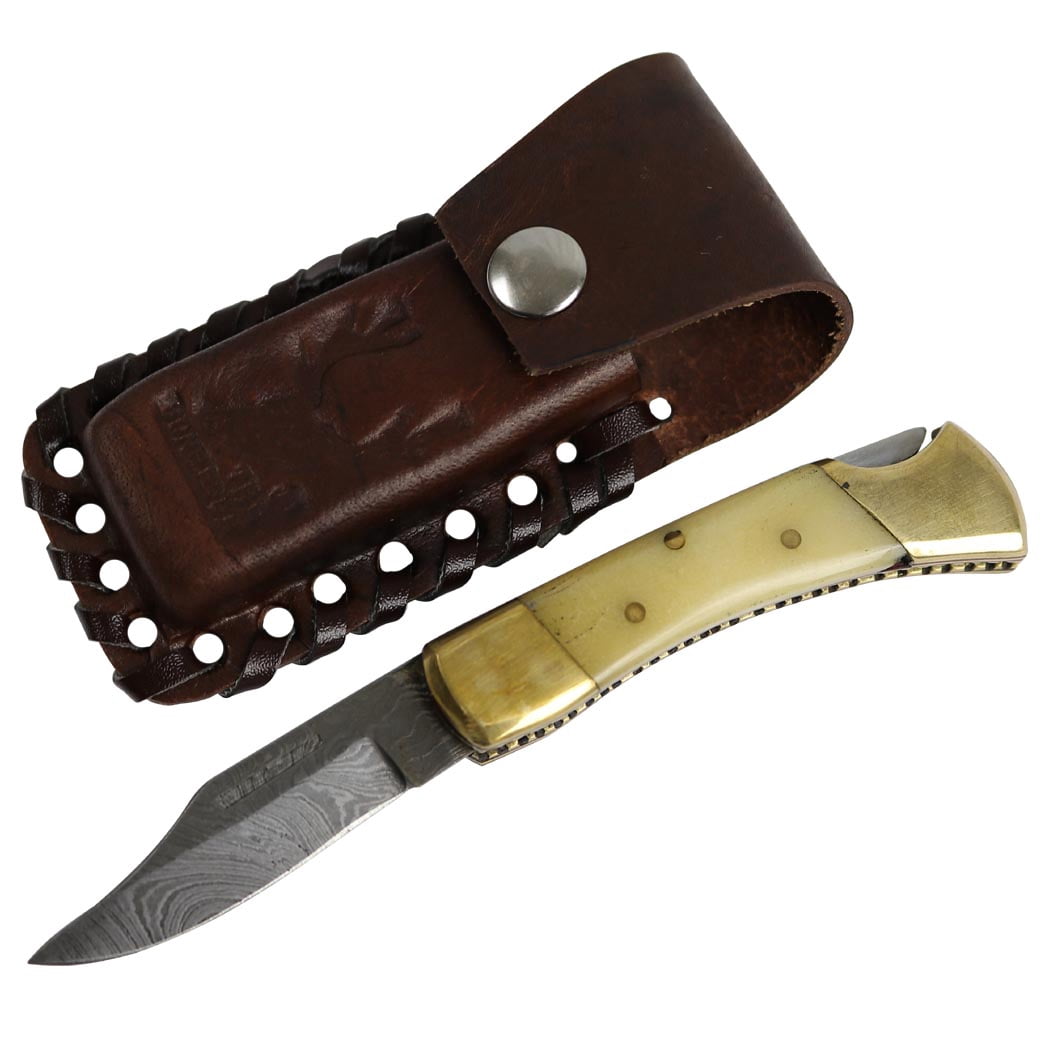 TheBoneEdge 5' Damascus Blade Hand Forged Hunting Folding Knife Bone Handle