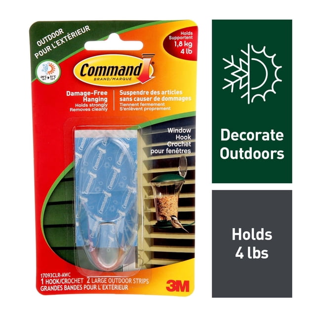 Command® Outdoor Clear Window Hook 17093CLR-AWC, Large, 4 lb (1.8 kg), 1 Hook, 2 Clear All Weather Strips