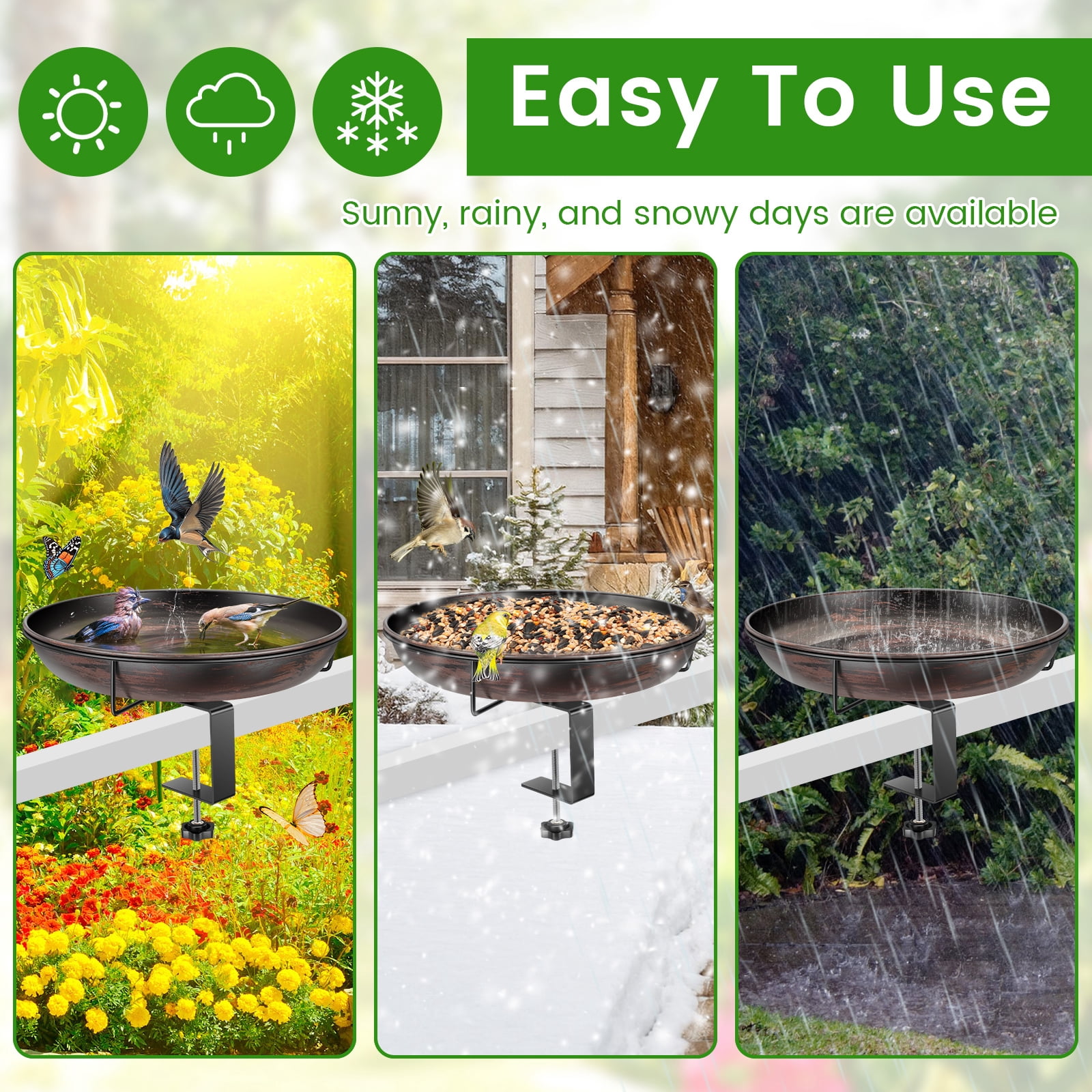 Threns Deck Mounted Bird Bath Bowl,12" Balcony Railing Birdbaths,Metal Birdbath for Outside with Sturdy Adjustable Clamp for Fence Outdoor Decor