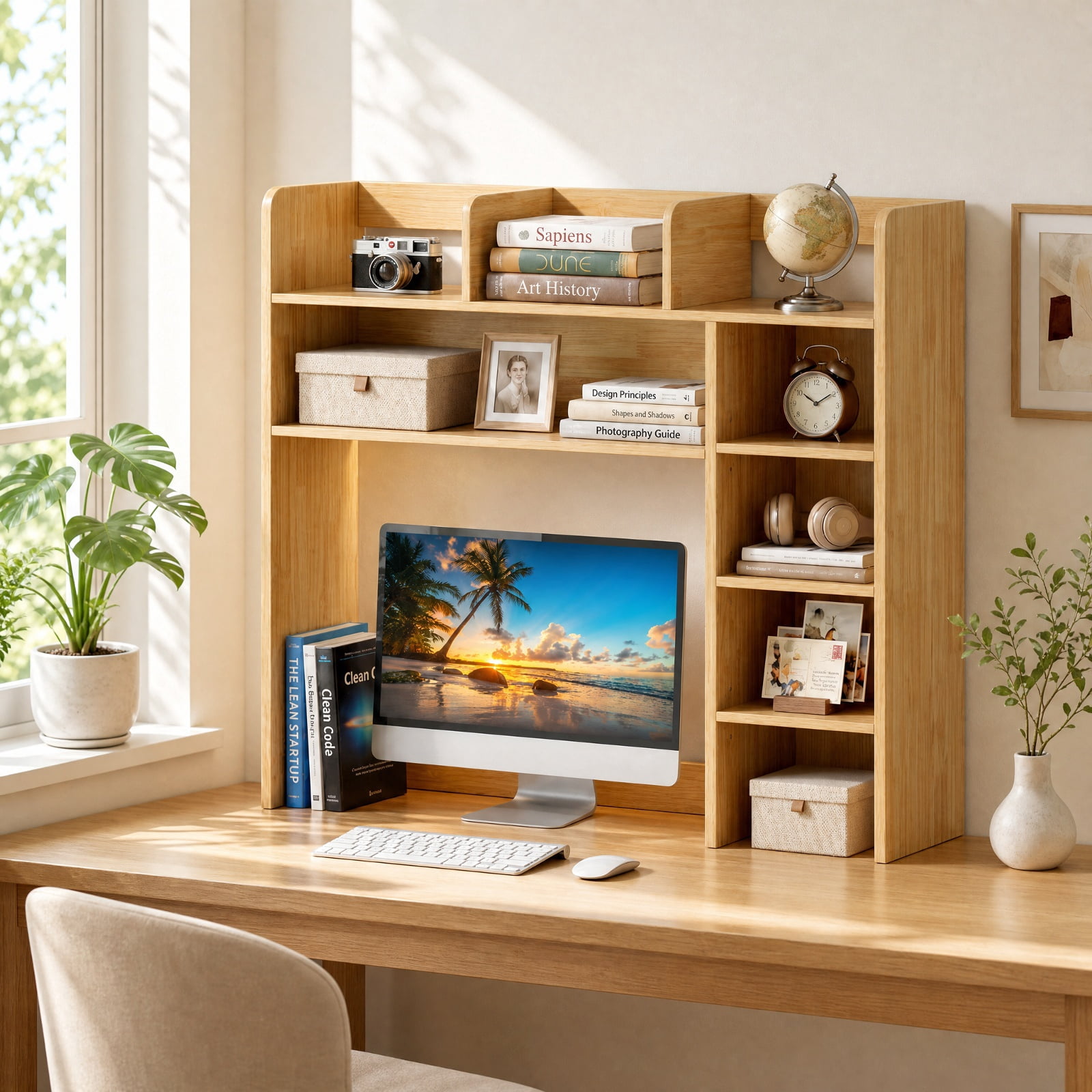 Furnibear Desktop Bookshelf with LED Lights 35.5 Inch Desk Hutch Storage Organizer and Adjustable Shelves for Home Office, Beige