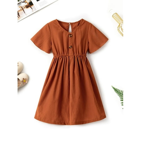 

Toddler Girls Fake Button A line Dress Burnt Orange Casual A040W