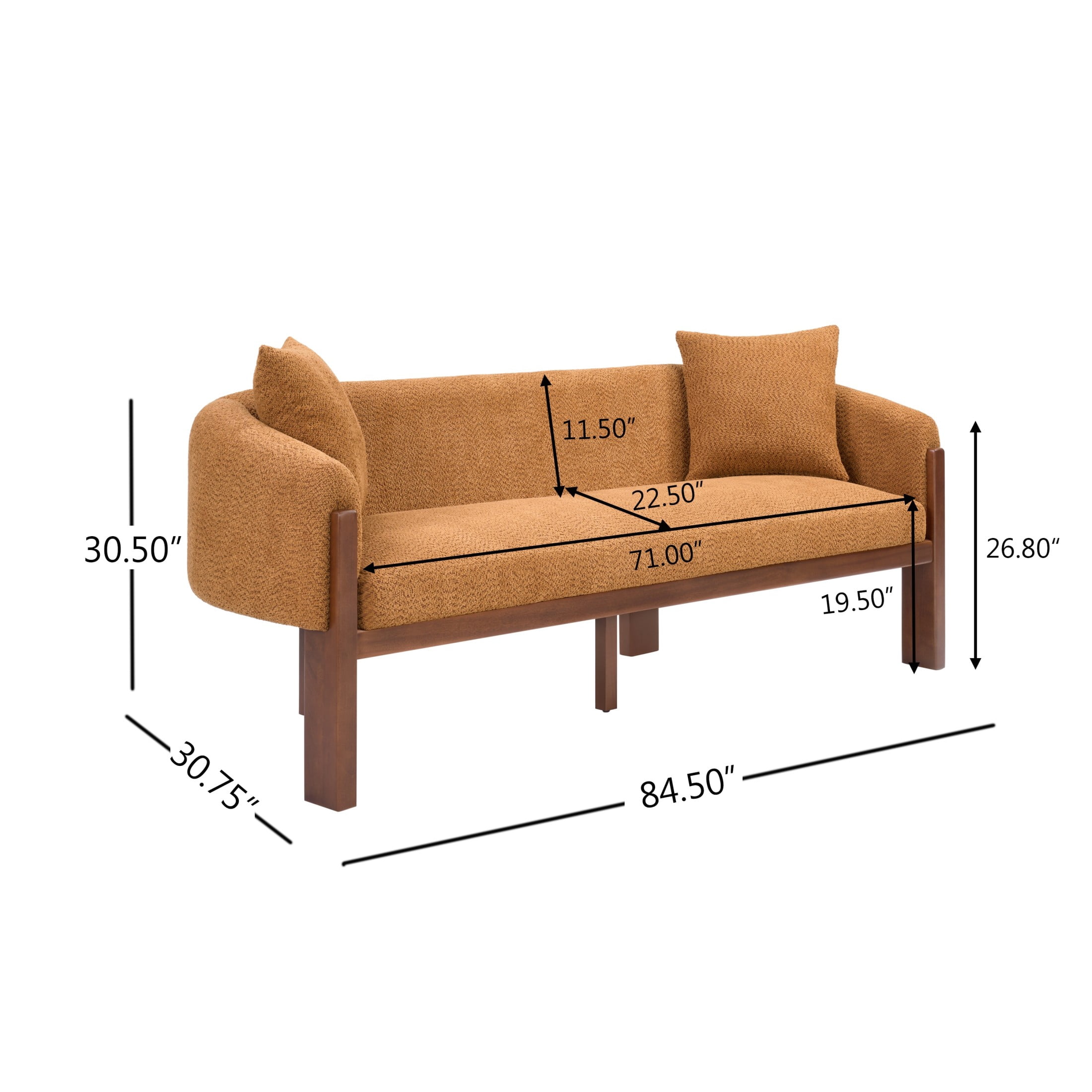 Christopher Knight Home 84.5" Modern Boucle Sofa with Throw Pillows, Seats 3, Wood Legs, Caramel