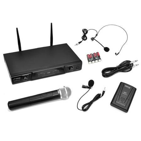 Plug In Microphone Transmitter System (Pyle-Pro VHF Wireless Microphone Receiver System with Independent Volume Control, Handheld Microphone and Belt Pack Transmitter with Lavalier)