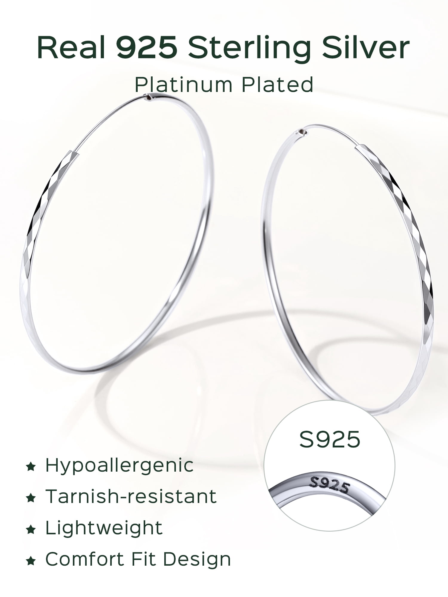 ChicSilver 925 Sterling Silver Hoop Earrings for Women Hypoallergenic Lightweight Big Hoop Earrings for Women Diamond-Cut Endless Hoops Earring 70MM