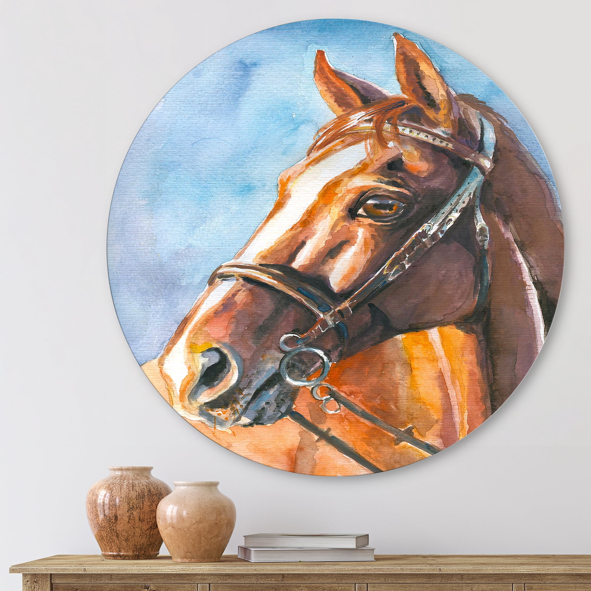 Designart 'Close Up Portrait of A Brown Horse' Farmhouse Circle Metal Wall Art 11x11 - Disc of 11