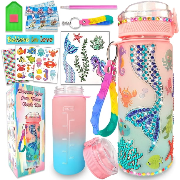 EDsportshouse Decora tus propios kits de botellas de agua para niñas de 4 a 6 a 8 a 10 años, manualidades con pintura de diamantes con gemas de sirena, regalos divertidos para artes y manualidades, ju