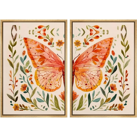 IDEA4WALL Framed Canvas Print Wall Art Set Whimsical Butterfly and Florals Illustration Abstract Botanical Boho Modern Art Wall Decor Colorful Chic Artwork for Home Decor - Natural 24"x36"x2