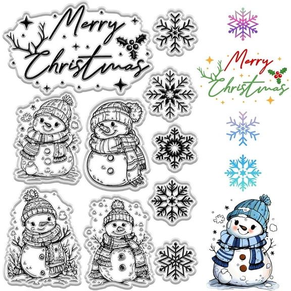Merry Christmas Clear Rubber Stamps Greeting Words Snowman Snowflake Holly Xmas Gift Reusable Vintage Transparent Silicone Seal Stamp for Holiday DIY Craft Scrapbooking Journaling Card Making Clear