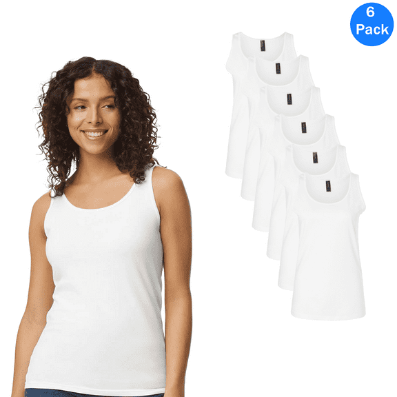 Gildan Softstyle Women’s Tank Top 6-Pack, White Racerback Shirts Cotton Sleeveless Undershirt, Size S
