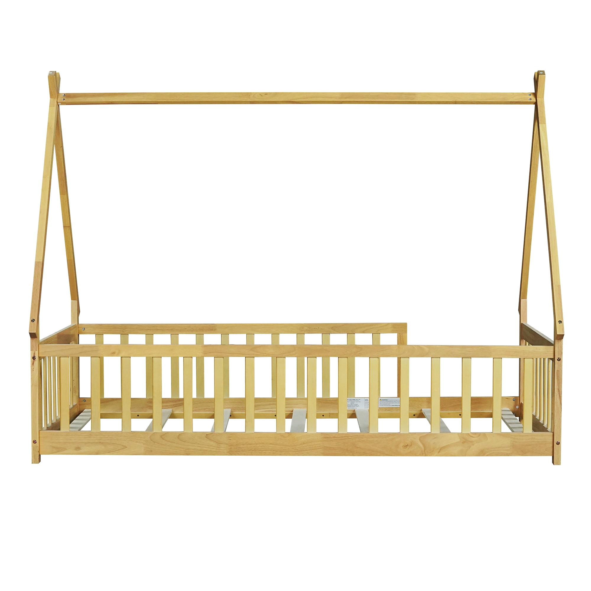 Mirightone Twin Size Floor Bed, Montessori Teepee Floor Bed with Rails, Wood Tent-Shaped Bed with Fence (Natural)
