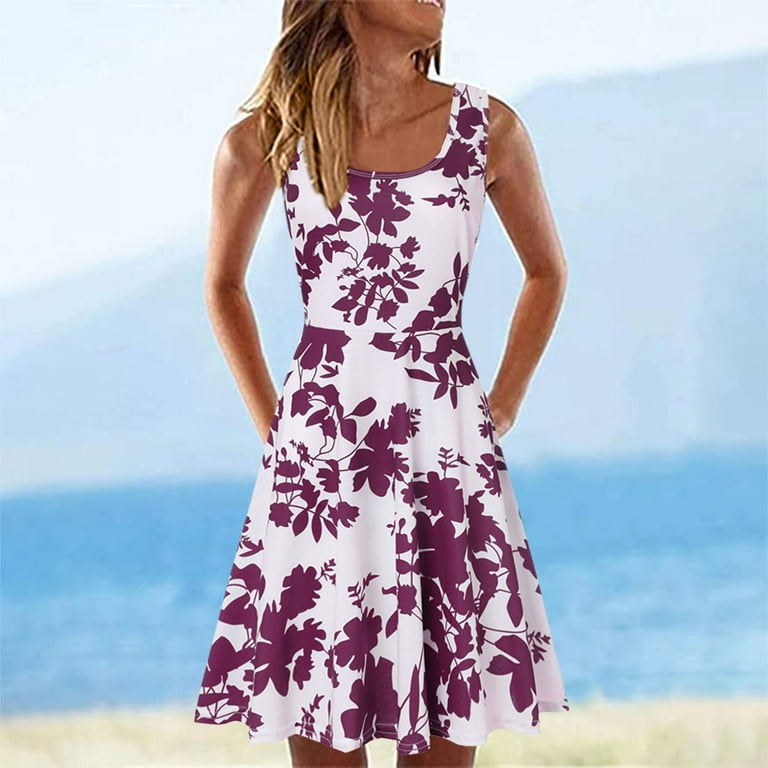 NECHOLOGY Petite Dress Casual Short Summer Ladies U-neck Loose Printed  Sleeveless A-line Dress womens summer dresses 