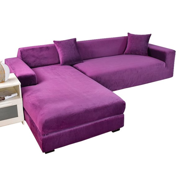 Stretch Sectional Couch Covers Velvet, L-Shaped Sofa Covers Velvet 2 Piece Soft Furniture Protector with Elastic Bottom for Dogs Cats -Light blue-4-seater + 4-Seater
