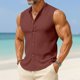 thumbnail image 2 of Top de Hombro Frío Camisa de Lino de los Hombres sin Mangas Cuello Redondo Color Sólido Botón Básico Delantero Top de Vacaciones Casual, 2 of 6