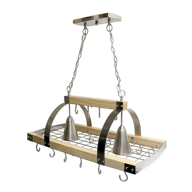 Elegant Designs 2 Light Kitchen Wood Pot Rack With Downlights Com Light Kitchen Wood Pot Rack, Pot Rack With Light Fixture