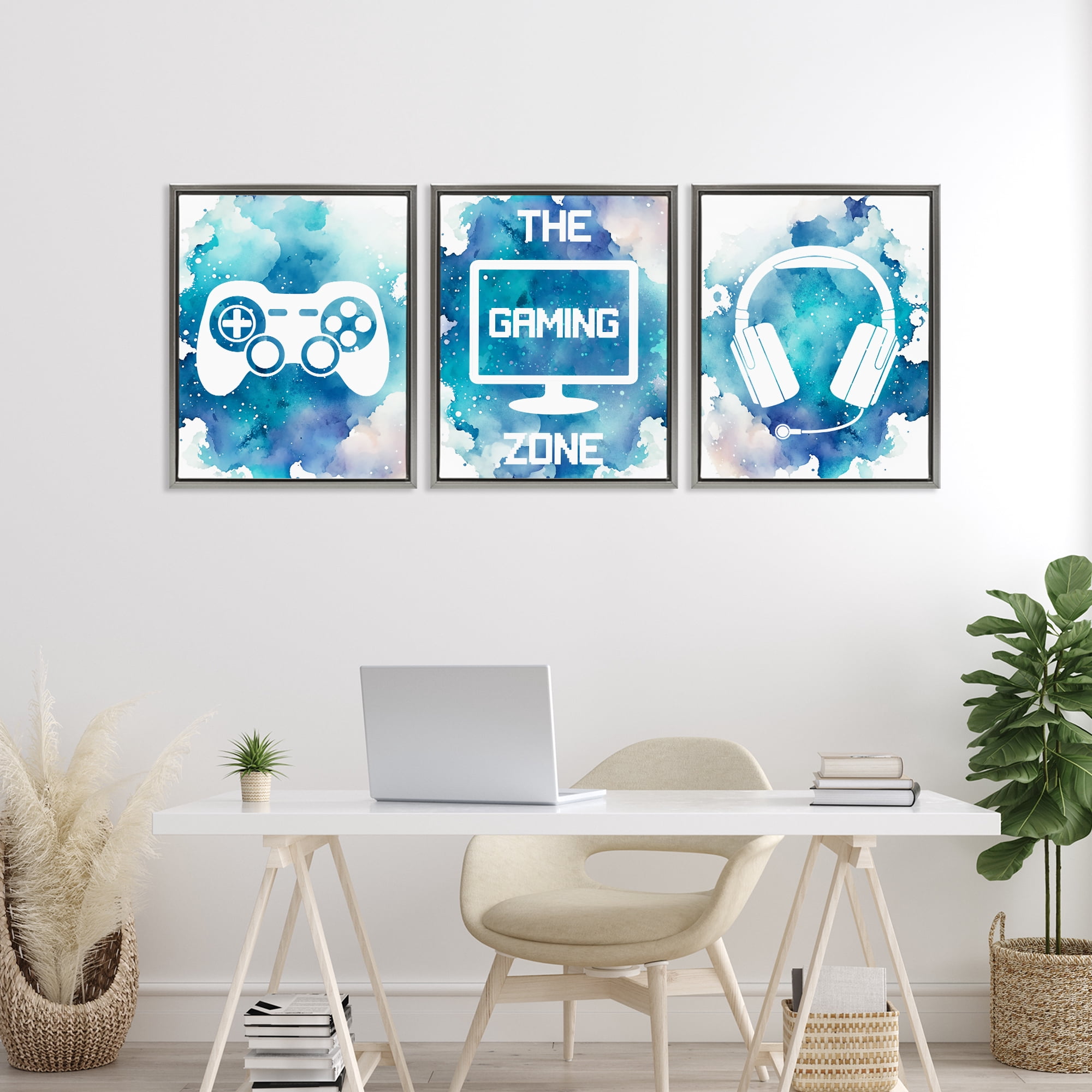 Blue Gamer Splatters 3 Piece Gray Framed Floater Canvas Set, design by Marcus Prime