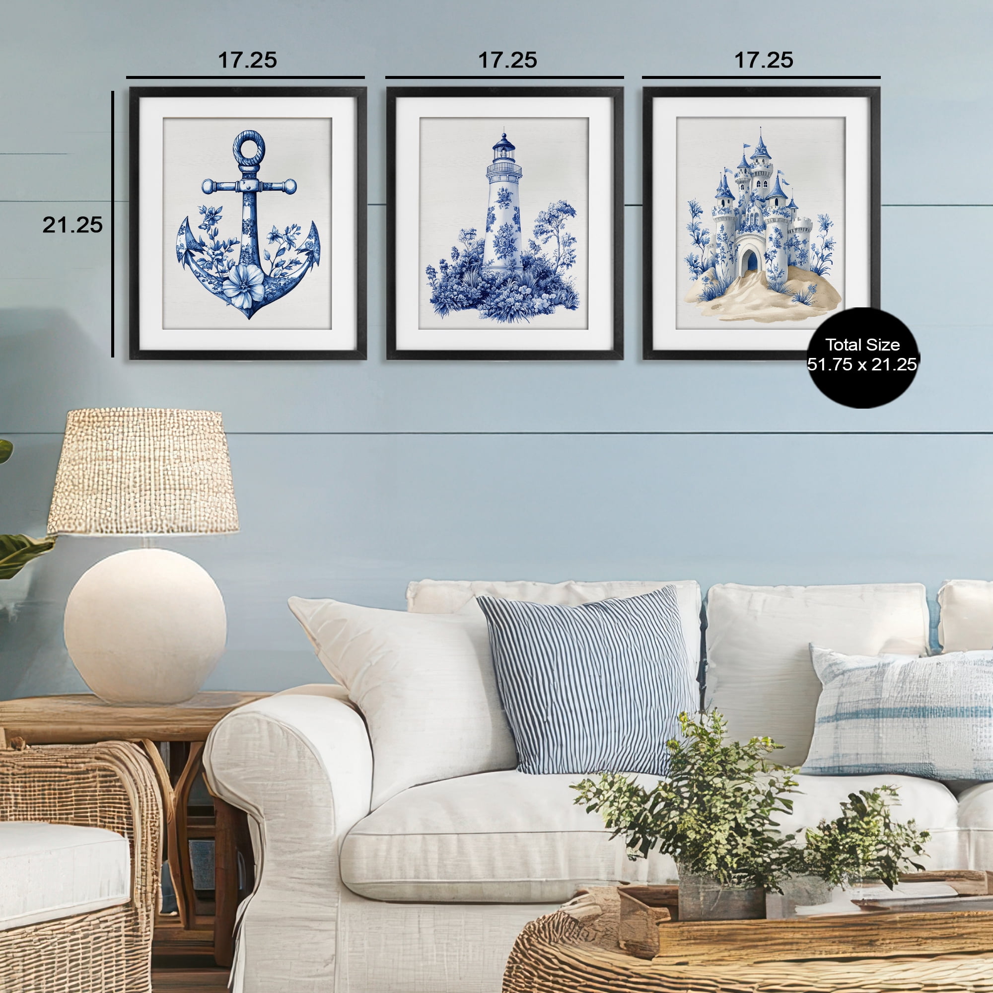Ornate Nautical Toile Patterns 3 Piece Black Framed Print Under Glass Set, design by Lettered and Lined