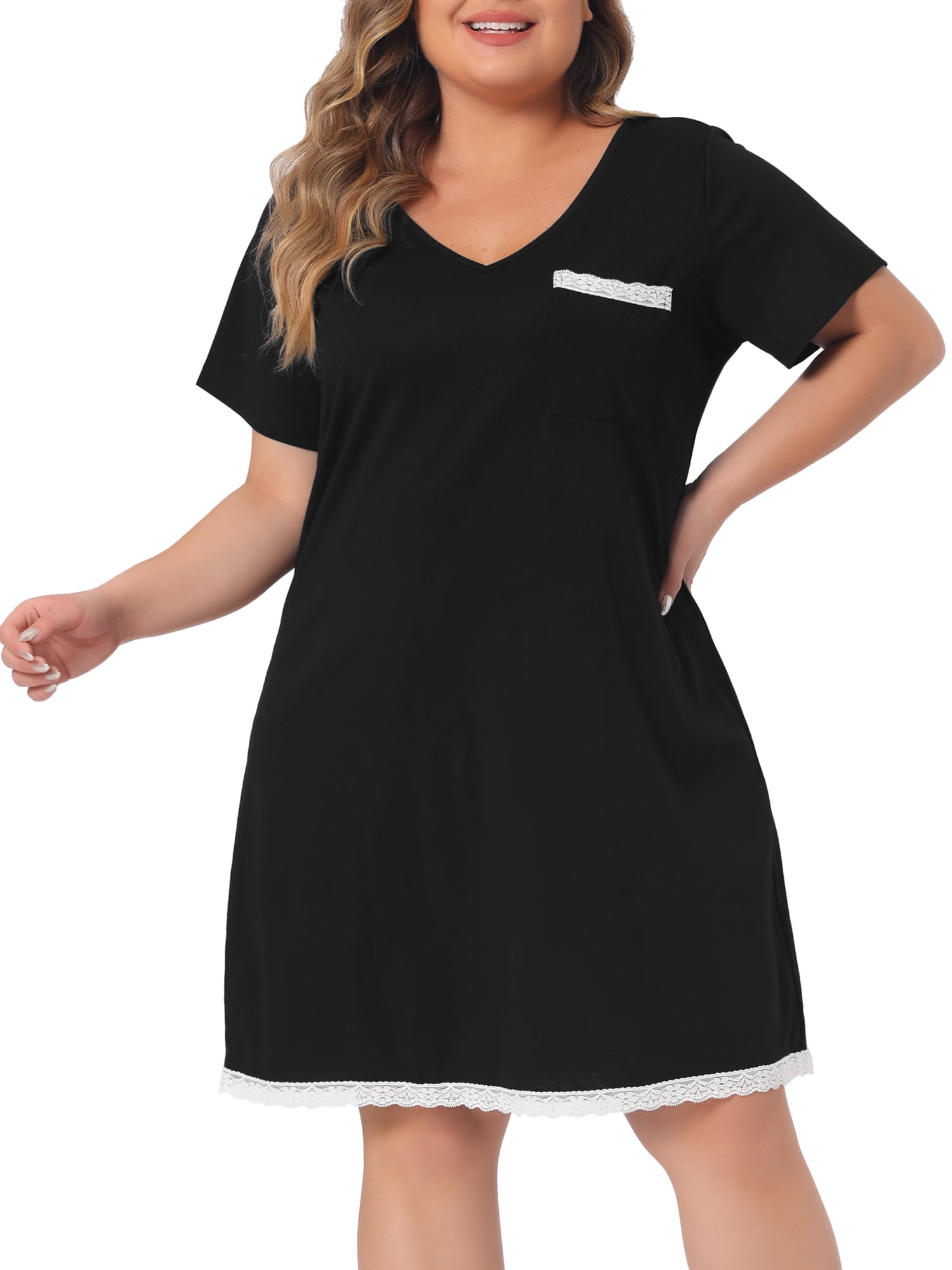DARING DIVA Women's Plus Size Soft Short Sleeve Lace Trim Nightgown 1X Black