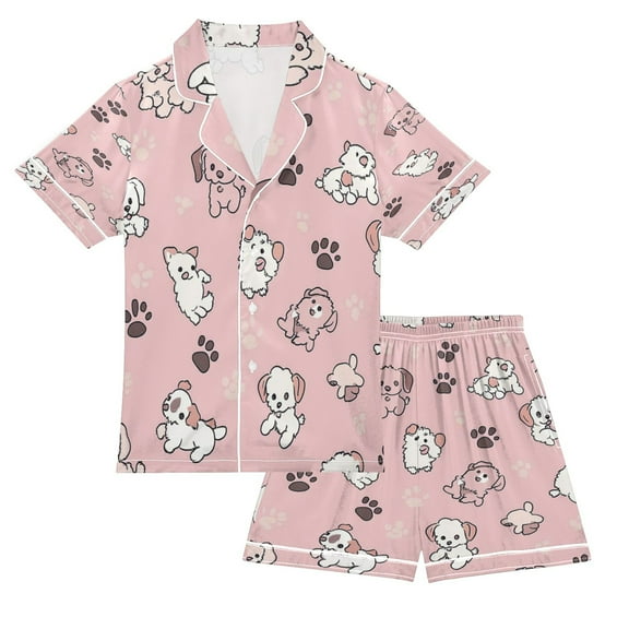 Silky Satin Kids' Pajama Set Breathable & Smooth Unisex Button-Down Pajamas Pink Cartoon Puppy Pattern