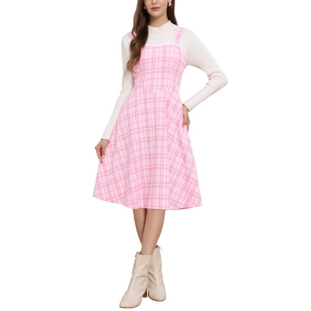 Vestido de tweed para mujer, sin mangas, con escote cuadrado, de cuadros, estilo A-line, vestido tipo pinafore, L Rosa profundo