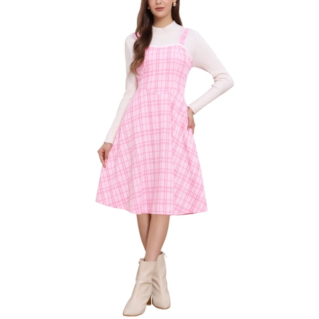 Vestido de tweed para mujer, sin mangas, con escote cuadrado, de cuadros, estilo A-line, vestido tipo pinafore, talla S, rosa intenso
