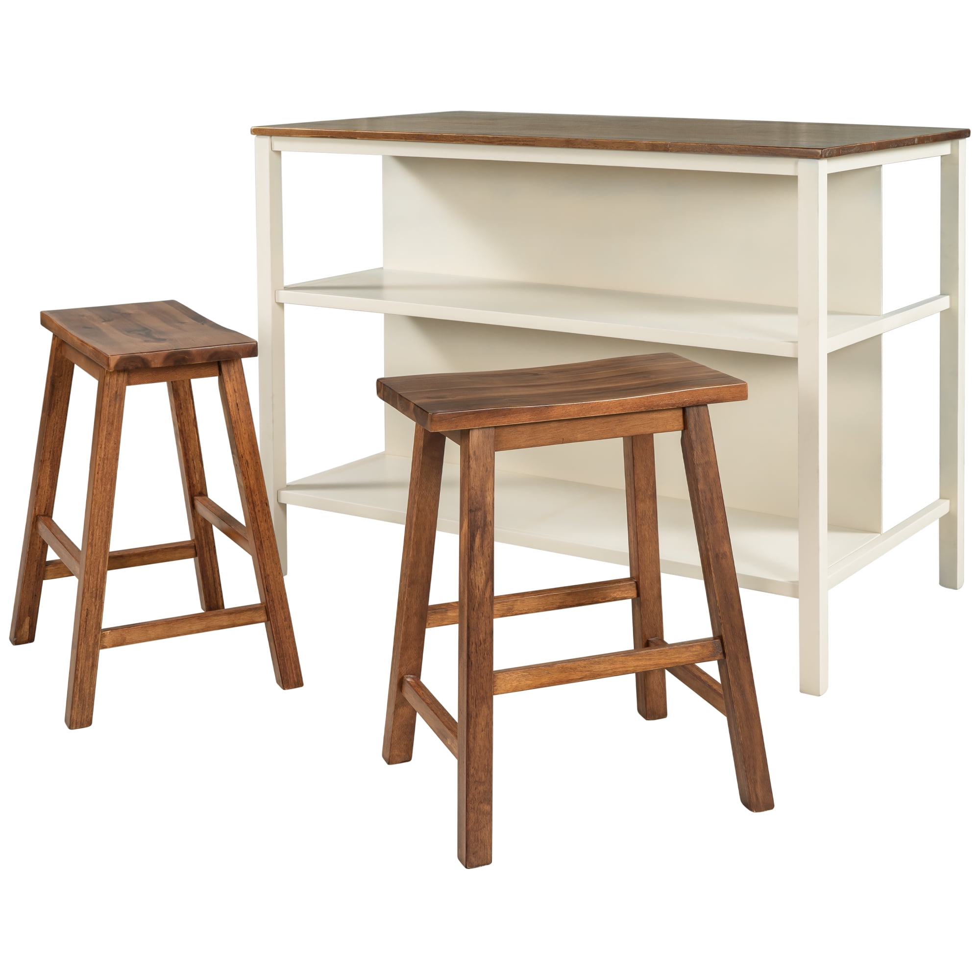 MAYEERTY Solid Wood 3-Piece Kitchen Island Set with 2 Stools & Storage Shelves, White