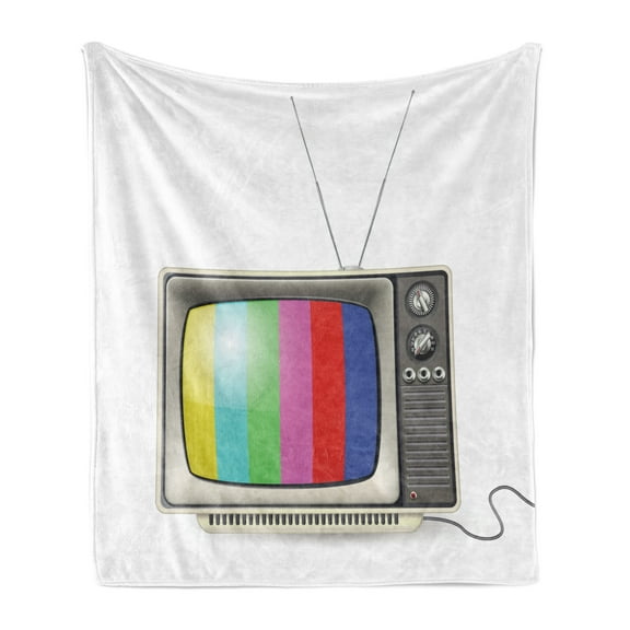 1970s Soft Flannel Fleece Throw Blanket, Vintage Tv Design Vertical Colorful Lines and Antenna Television Retro Motif, Cozy Plush for Indoor and Outdoor Use, 70" x 90", Multicolor, by Ambesonne