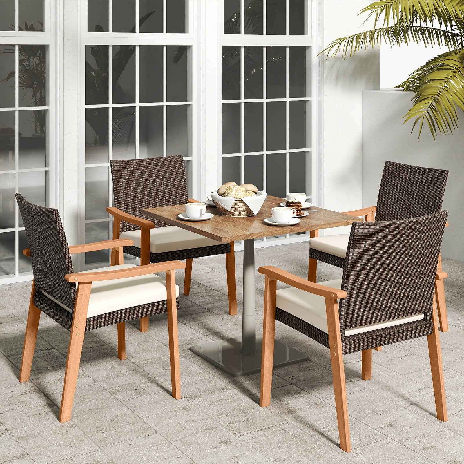 Costway Patio Dining Chair Set of 2 with Cushion Wood Armrests Metal Frame for Garden