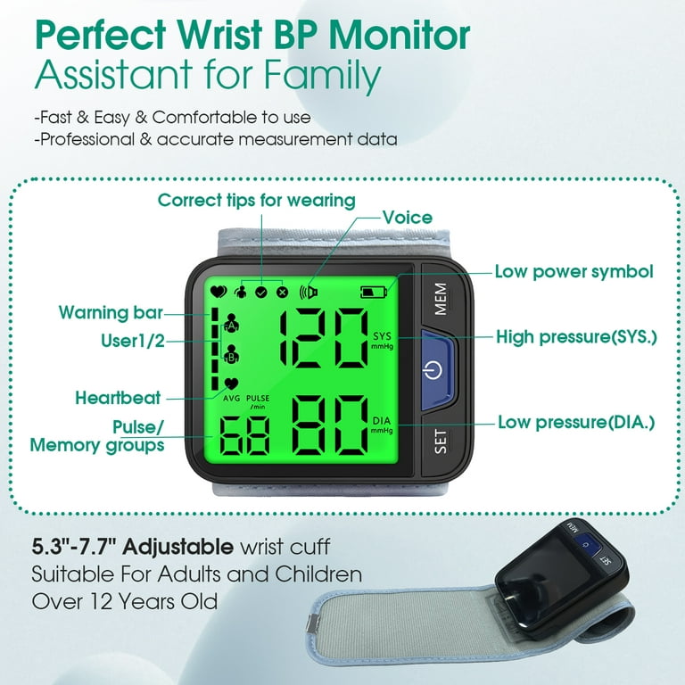 Blood Pressure Monitor, Professional Wireless Automatic Wrist Blood Pressure  Cuffs Health Monitors, Portable BP Heart Rate Monitor with LCD Backlit  Display, for Home Travel Use 
