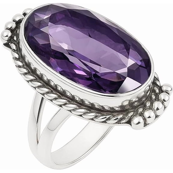 Amethyst Gemstone Ring for Women – Sterling Silver Handmade Jewelry, Oval Cut February Birthstone Ring Size US 7.5