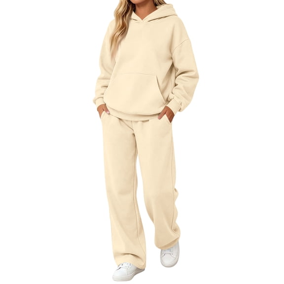 Stralyhd Two Piece Set for Women Fall Matching Sweatsuit Oversized Hoodie Loose Fit Wide Leg sweatpants Casual Dressy Sweat Set Fashion Clothing Beige XXXL
