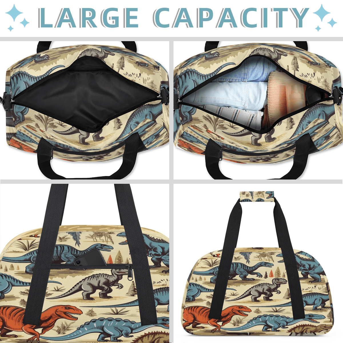 Herdesigns Dinosaur Cartoon Dino Sports Duffle Bag for Women & Men, Gym Bag Dance Bag Overnight Bag Carry On Weekender Travel Bag