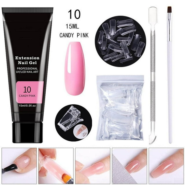 Kit de uñas de gel de extensión Poly, gel constructor transparente, kit de prueba de extensión de uñas francesas con mini uñas para decoración de uñas, 15 ml de pegamento de extensión de uñas de plást
