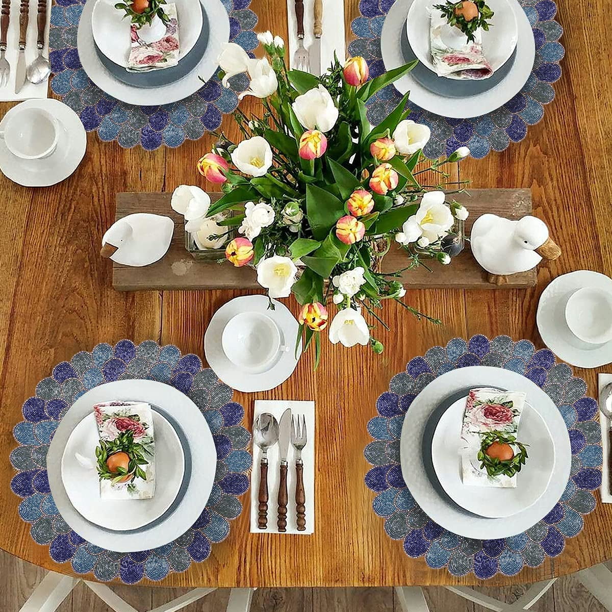 Blue Green Beaded Placemats Set of 4 for Dining Coffee Table Scratch Heat Stain Resistant Charger Kitchen Decor Durable Tablemats - Fall Autumn Thanksgiving Holiday - 15 Inches