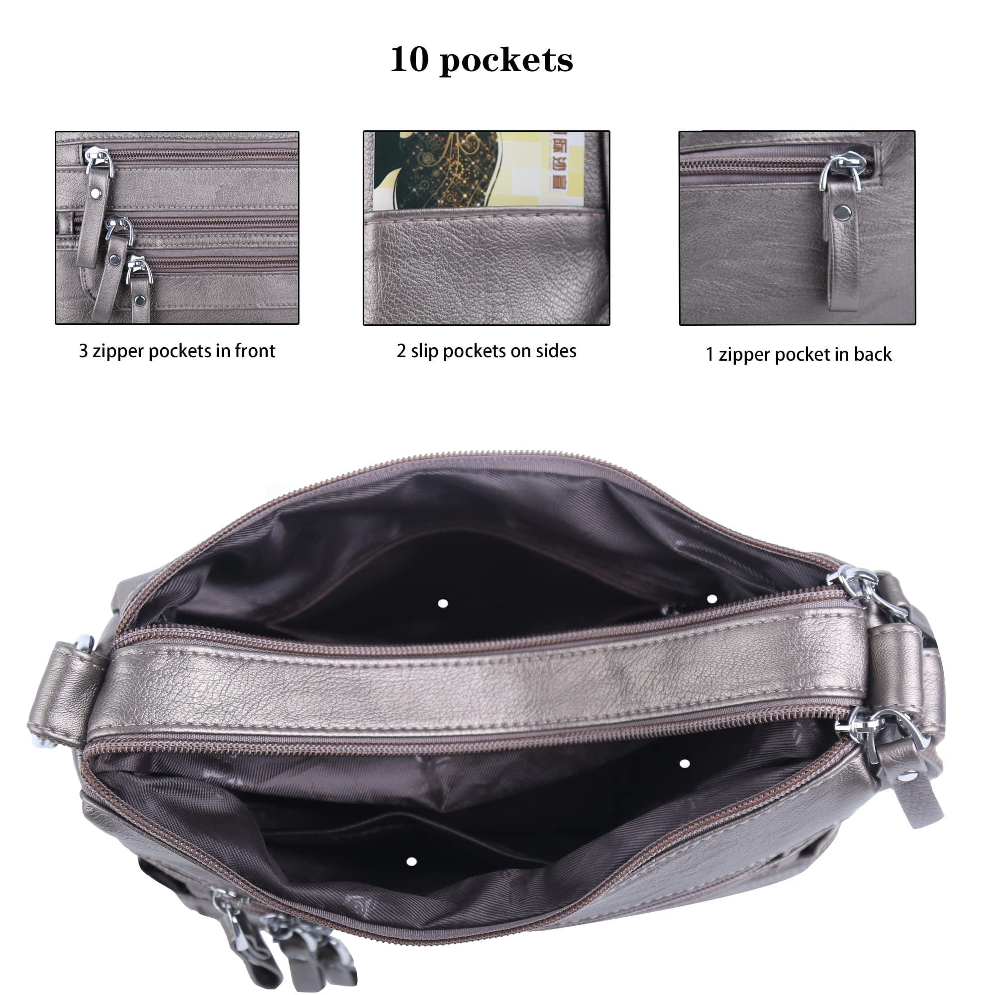 10 Pockets Crossbody Purses for Women Medium Pocketbooks Lightweight Ladies Satchel Bag Multi Pocket Shoulder Handbag