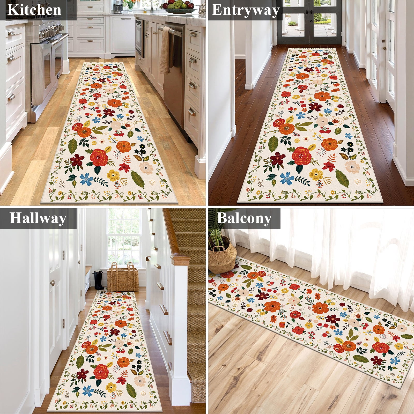 2'6''x 8' Boho Runner Rug for Hallways, Soft Non Slip Washable Runner Rug Floral Floor Carpet Runner Rug for Entryway Laundry Room Bathroom