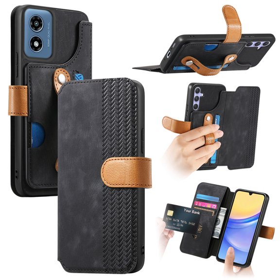 ELEHOLD Case for Moto G Play 4G 2024,Leather Wallet RFID Blocking Case with Wrist Strap & Card Holder Stand,Black