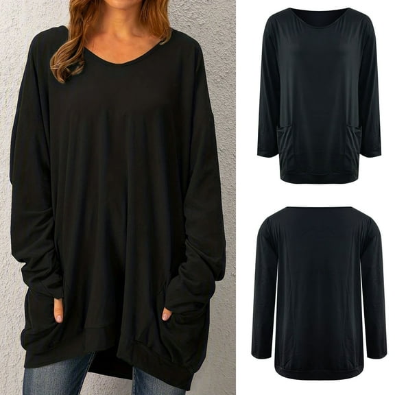 WNEGSTG Long Sleeve Oversize Shirts for Women Round Neck Pullover Top Solid Color T Shirt with Pocket Top Black