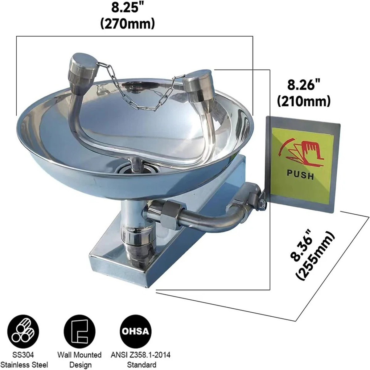Eurhowing Wall Mounted Emergency Eye Wash Station, Stainless Steel Eyewash, Industrial Safety Bowl Eyewash for Labs & Factories