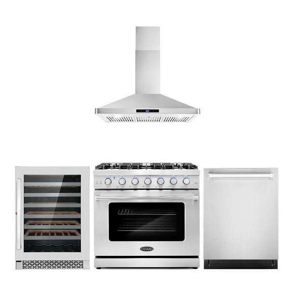 Cosmo 4 Piece Kitchen Appliance Packages with 36" Freestanding Gas Range 36" Wall Mount Range Hood 24" Built-in Dishwasher & 48 Bottle Freestanding Wine Refrigerator Kitchen Appliance Bundles