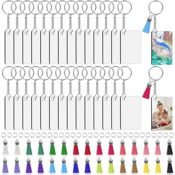 Sublimation Keychain Blanks Bulk 120Pcs Sublimation Keychain Blanks Set with Rectangle Sublimation Blanks, Keychain Tassels, Keychain Rings and Jump Rings for DIY Keychain Crafting