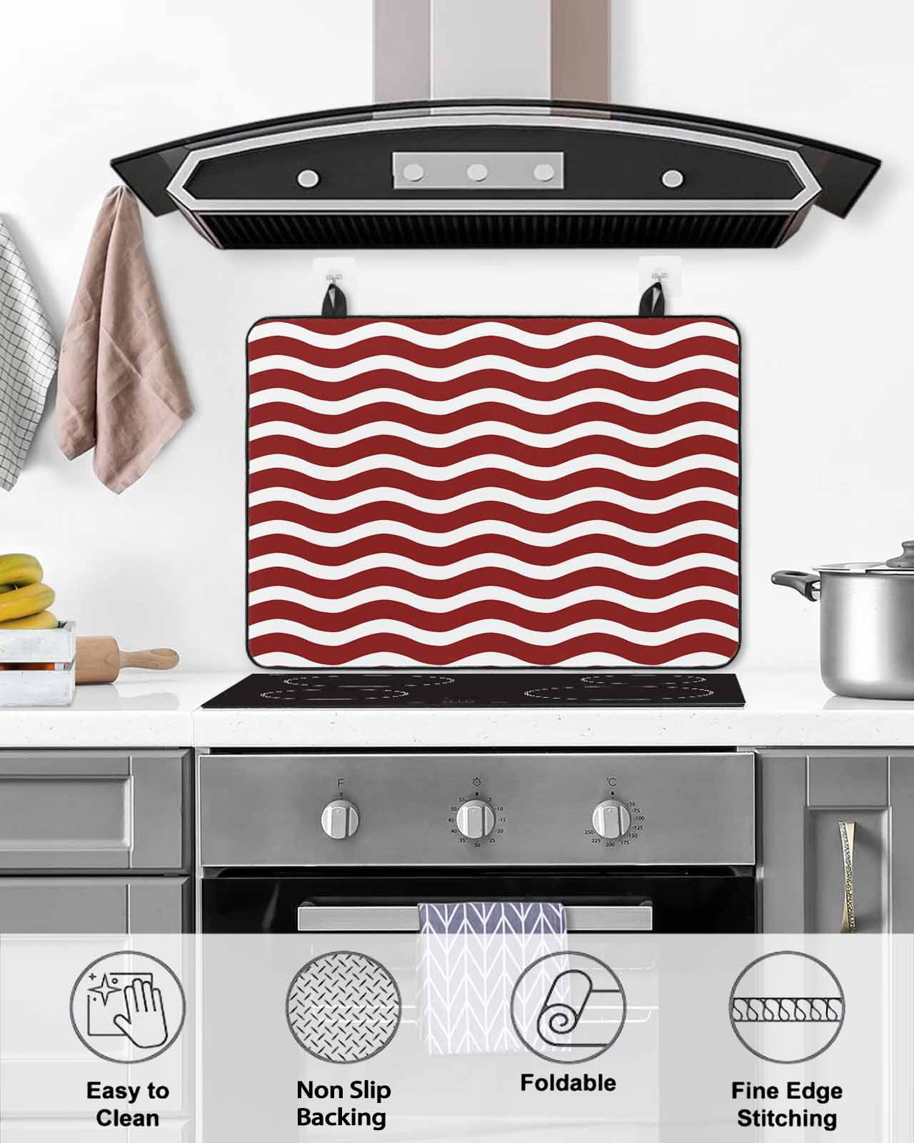 nqOlkjepod Large Induction Cooktop Protector Mat 24"x21", Red White Stove Top Covers for Electric Stove, Modern Abstract Waves Water Ripple Striped Stove Burner Cover Mats, Glass Top Stove Cover