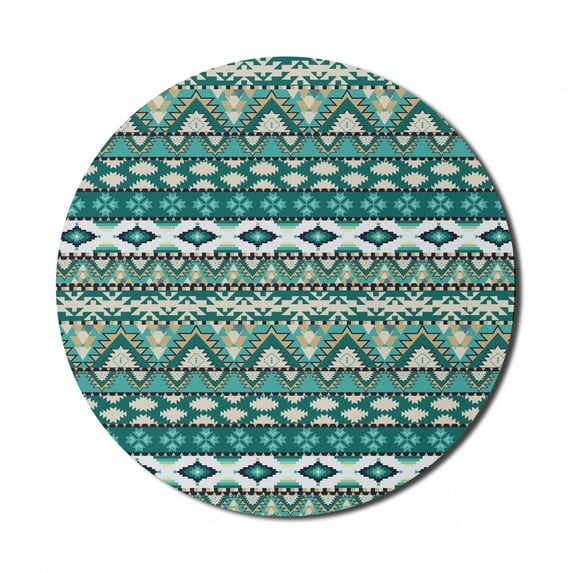 Ethnic Mouse Pad for Computers, Design Geometrical Elements Triages Squares Prehistoric Pixel Art, Round Non-Slip Thick Rubber Modern Gaming Mousepad, 8" Round, Teal Turquoise Tan, by Ambesonne