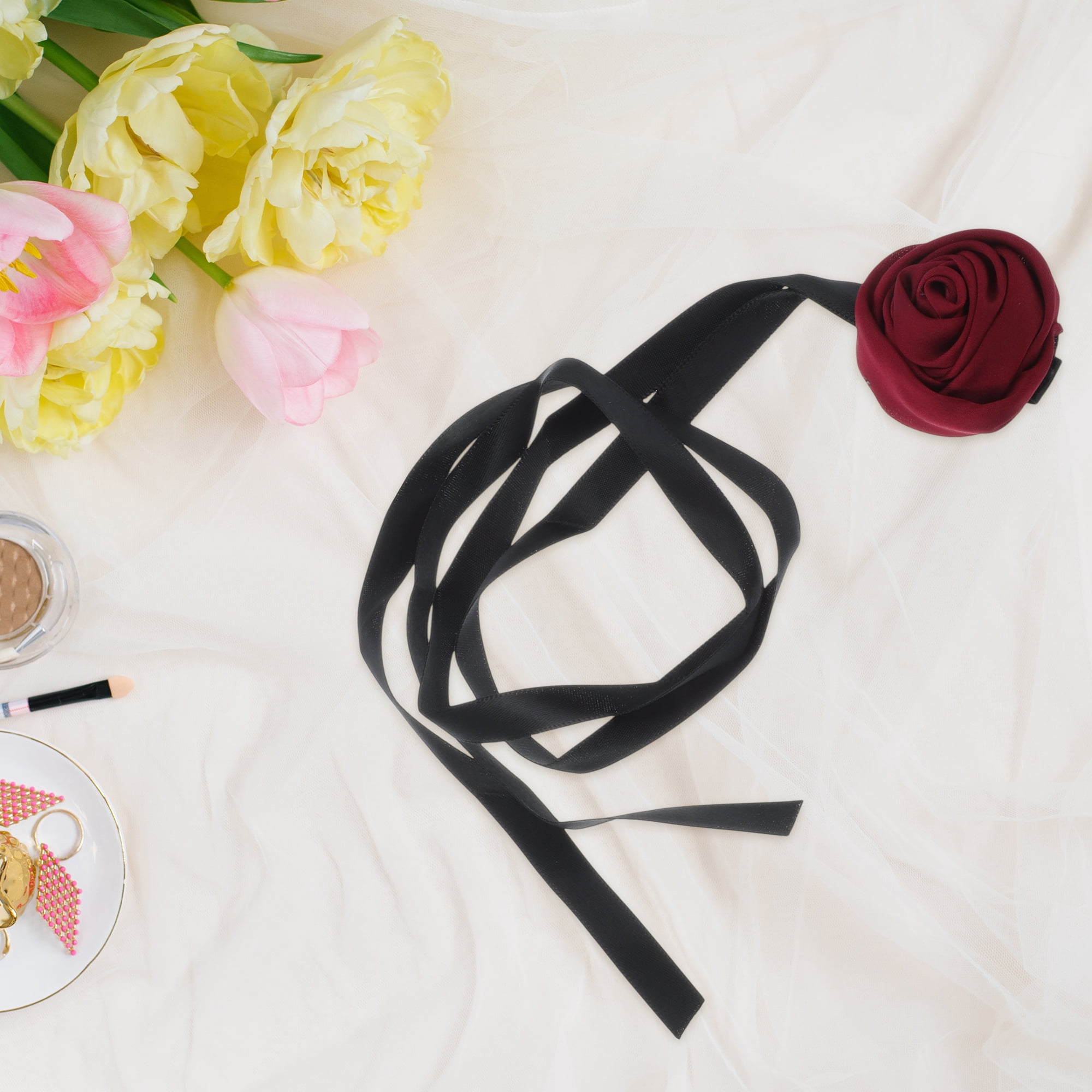 Unique Bargains Satin Rose Tie Choker Necklace Red