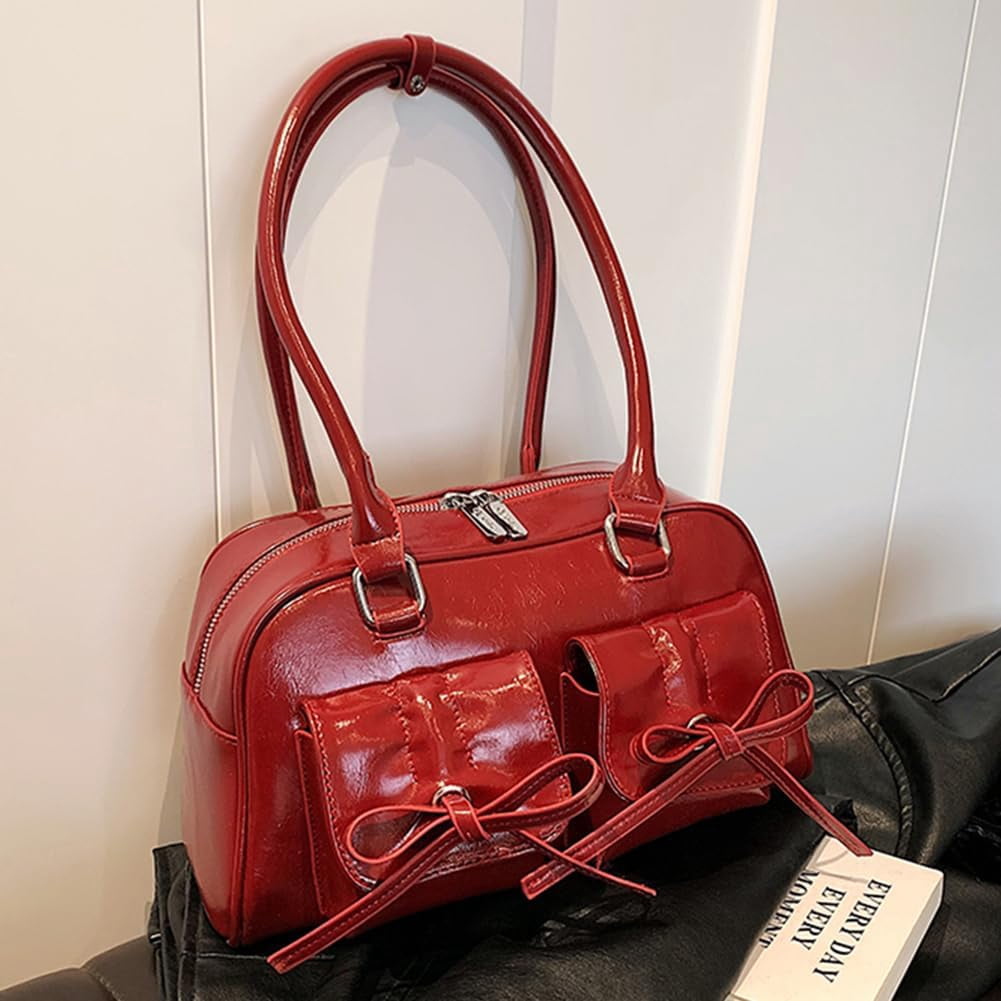 CAILDANL Cute Bow Purse Aesthetic Japanese Shoulder Bag Faux Leather Tote Bag Y2k Red Handbag Purse