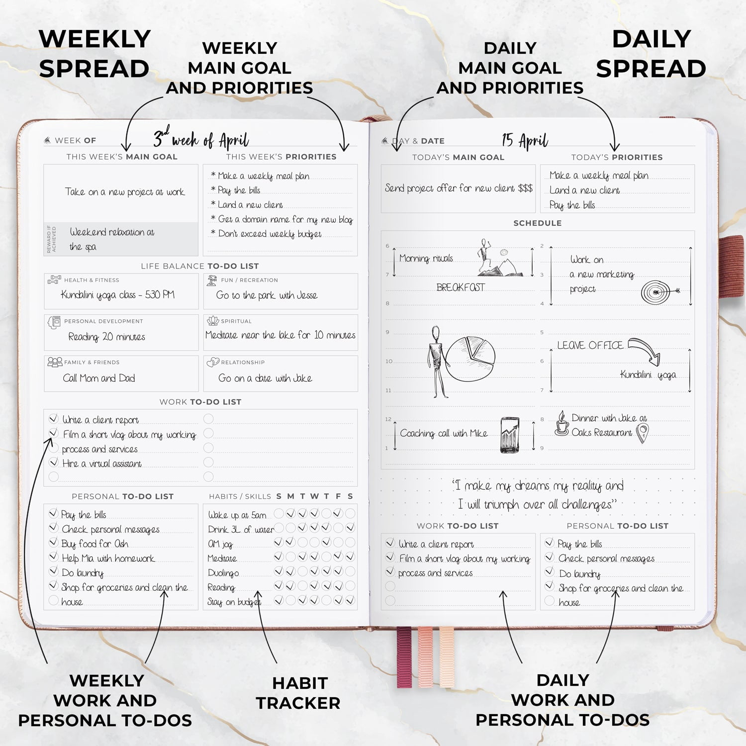 Clever Fox Planner Daily Premium Edition - Undated Luxurious Daily Planner with Hourly Schedule, Personal Organizer, Productivity & Goal Journal, Start Anytime, A5-sized, Lasts 6 Months - Rose Gold