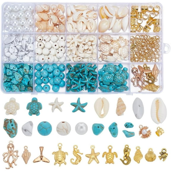 Ocean Starfish Beads Metal Turquoise Beads Seashells Turtle Bead Summer Beach Ball Bead Golden Charms Sea Animal Charms for DIY Jewelry Making Finding