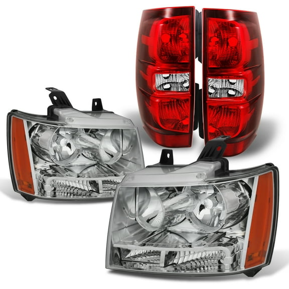 AKKON - For 07-14 Chevy Suburban Tahoe Chrome Clear OE Headlights   Red Lens Rear Tail Brake Lamp Replacement